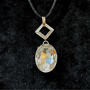 Clear Crystal Pendant Necklace CZ Black String with Silver Tone Made in Mexico